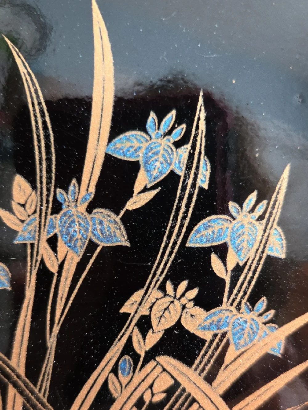 VintageToyo Black Lacquered Floral Serving Trays with Gold Trim